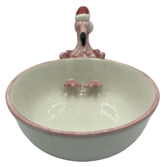 Hansen Ware Festive Pink Flamingo with Red Santa Hat Ceramic Bowl Serving Bowl - Picture 4 of 8